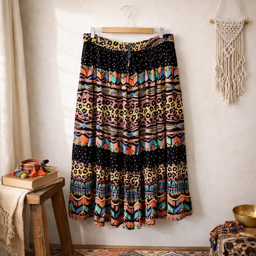 Vintage 90's Ride Multi Print Boho Skirt Size L - XL Leopard Tribal Funky